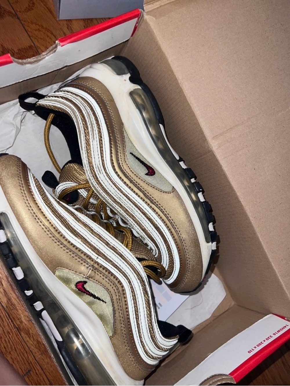 Nike Gold, White & Black Air Max 97 Sneakers with Red Swoosh
